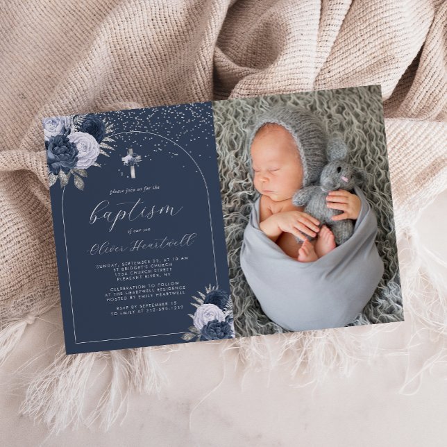 Invitación Floral Navy Blue Cross Arch Foto Niños Bautismo (Subido por el creador)