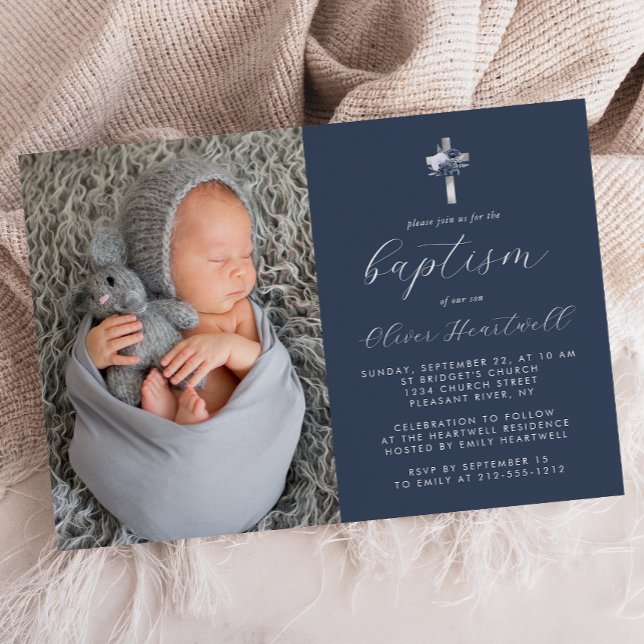 Invitación Floral Navy Blue Silver Cross Photo Boys Baptism (Subido por el creador)