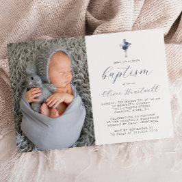 Invitación Floral Navy Blue Silver Cross Photo Boys Baptism
