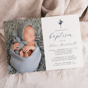 Invitación Floral Navy Blue Silver Cross Photo Boys Baptism