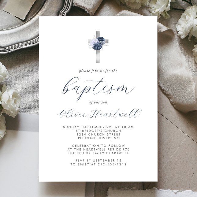 Invitación Floral Navy Dusty Blue Silver Cross Boys Bautismo (Subido por el creador)