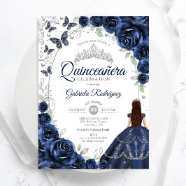 Invitación Floral Navy Silver Quinceanera
