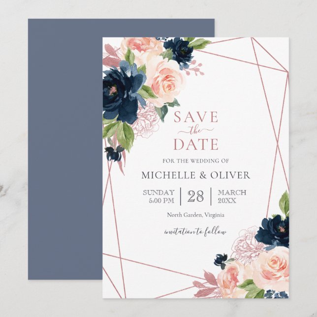 Invitación Floral Navy y Blush Geométrico Guardar la Fecha (Anverso / Reverso)