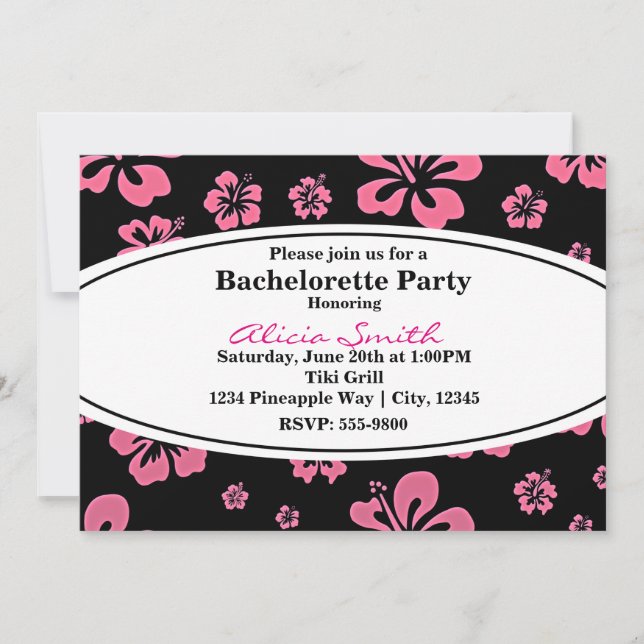 Invitación floral negra de hibisco tropical rosa (Anverso)