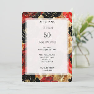 Invitación Floral negra de oro rojo 50 cumpleaños