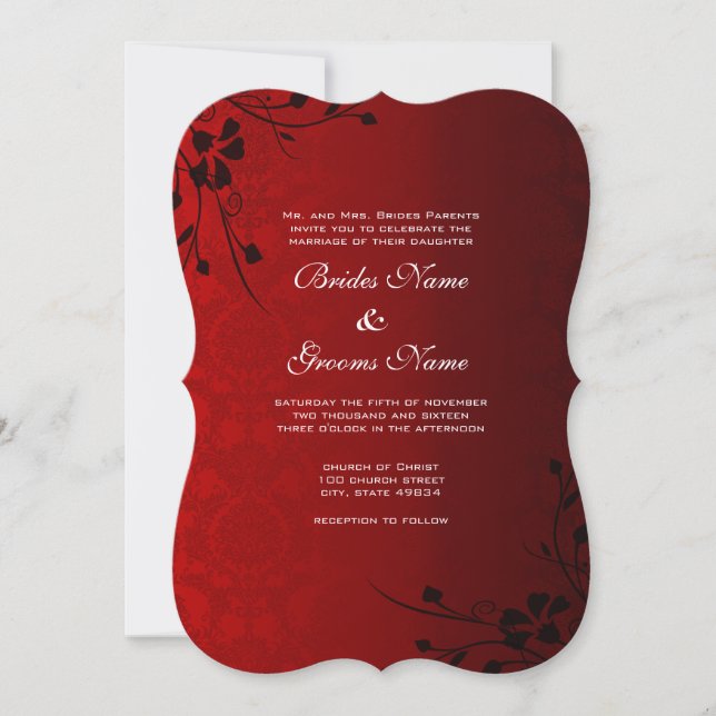 Invitación Floral negra en Boda rojo (Anverso)