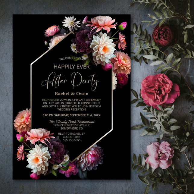Invitación Floral negra feliz por siempre después de la recep (Subido por el creador)