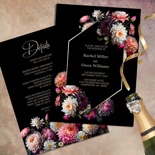 Invitación Floral negra geométrica de diseño en un solo Boda (Subido por el creador)