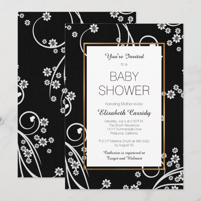 Invitación floral negra moderna de Baby Shower del (Anverso / Reverso)