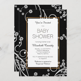 Invitación floral negra moderna de Baby Shower del