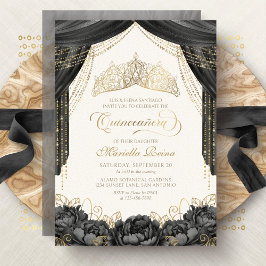 Invitación Floral negra moderna Tiara Quinceanera