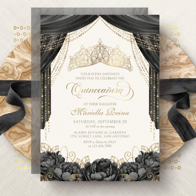 Invitación Floral negra moderna Tiara Quinceanera (Subido por el creador)