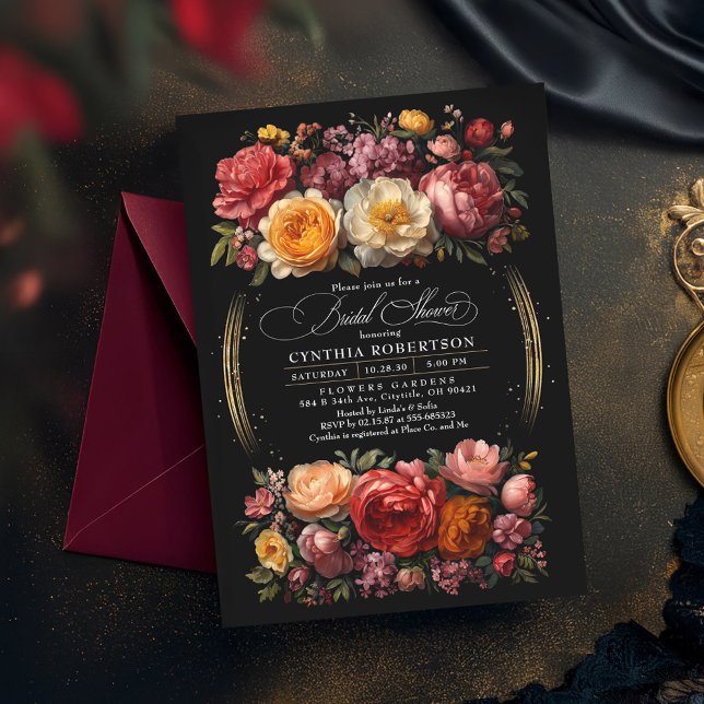 Invitación Floral negra Moody Botánica Elegante Ducha Bridal (Moody Floral Black Bridal Shower Invitation)