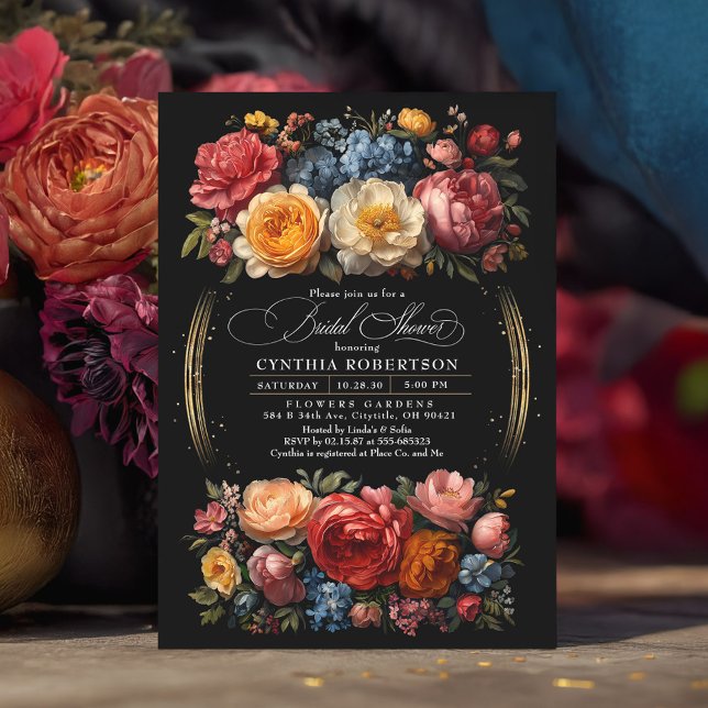 Invitación Floral negra Moody Botánica Elegante Ducha Bridal (Moody Black Floral Luxury Bridal Shower Invitation)