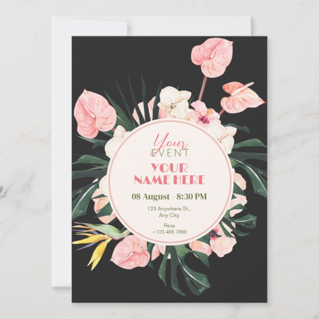 Invitación floral negra rosa (Anverso)