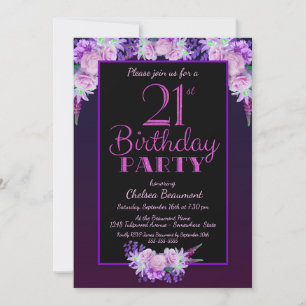Invitación Floral negra y morada 21ª Fiesta de cumpleaños