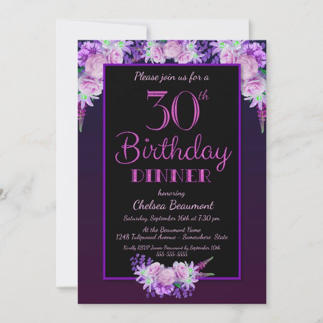 Invitación Floral negra y morada 30 cumpleaños Fiesta de cena (Anverso)
