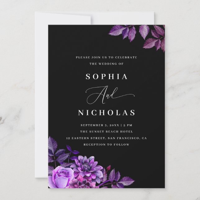 Invitación Floral negra y púrpura | Elegante Boda gótico (Anverso)