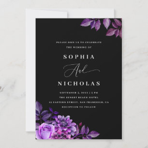 Invitación Floral negra y púrpura   Elegante Boda gótico