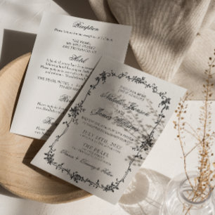 Invitación Floral Negro Blanco Botánico Todo En Uno Boda