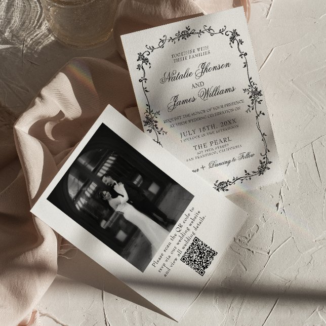 Invitación Floral Negro Blanco Código QR Botánico Foto Boda (Subido por el creador)