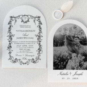 Invitación Floral Negro Blanco Monograma Foto Arqueada Boda