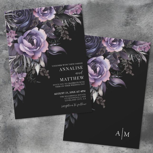 Invitación Floral Negro Bodas Floral Morado Oscuro (Dark Purple Floral Black Wedding Invitation)