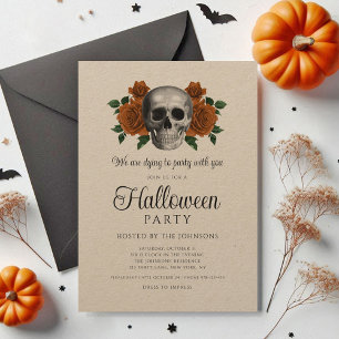 Invitación Floral Negro Gótico Vintage Calavera Halloween