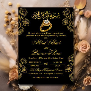 Invitación Floral Negro Oro Musulmán Compromiso Islámico