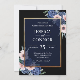 Invitación Floral negro rústico Oro elegante boda moderno