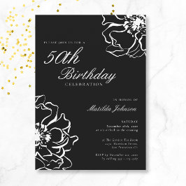 Invitación Floral Negro y Blanco 50 cumpleaños