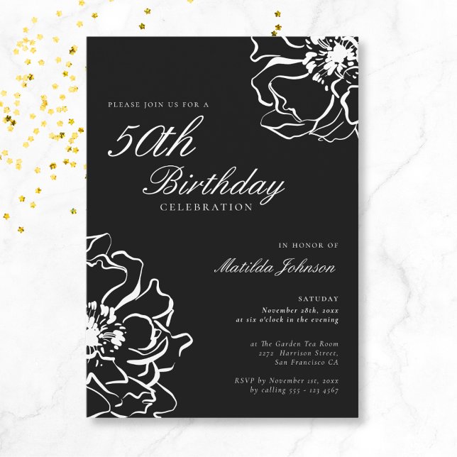 Invitación Floral Negro y Blanco 50 cumpleaños (Mockup View)