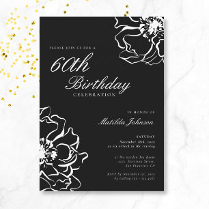 Invitación Floral Negro y Blanco 60 cumpleaños