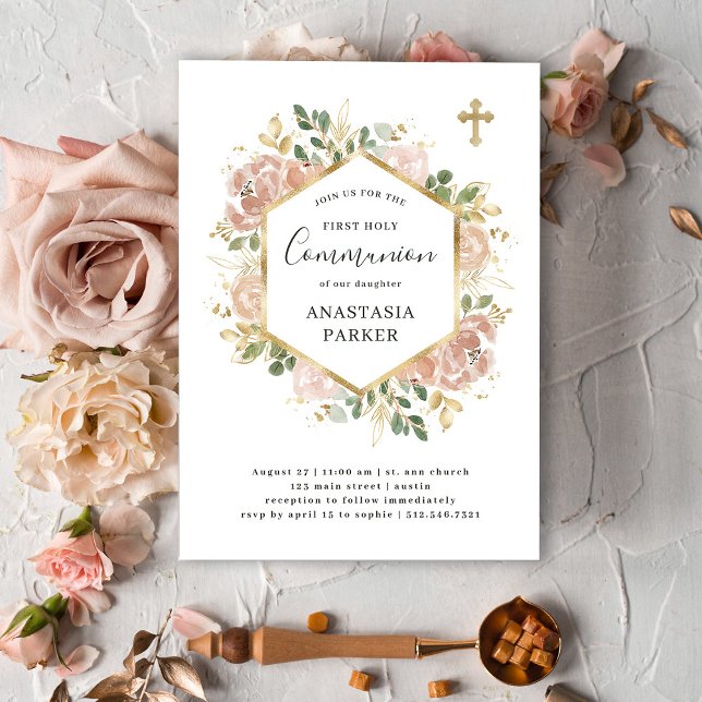 Invitación Floral neutra elegante dorada | Primera Comunión S (Subido por el creador)