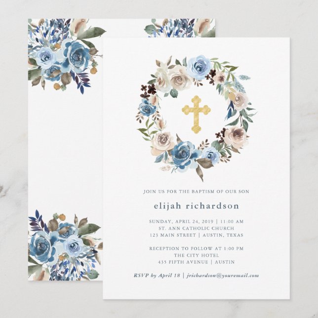 Invitación Floral neutra y azul| Bautismo cruzado de oro (Anverso / Reverso)