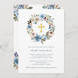 Invitación Floral neutra y azul| Bautismo cruzado de oro