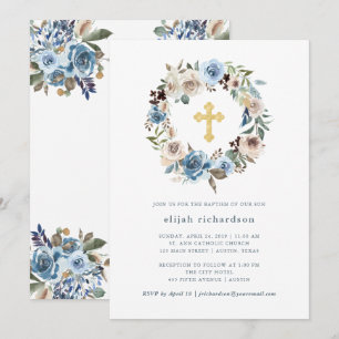 Invitación Floral neutra y azul  Bautismo cruzado de oro