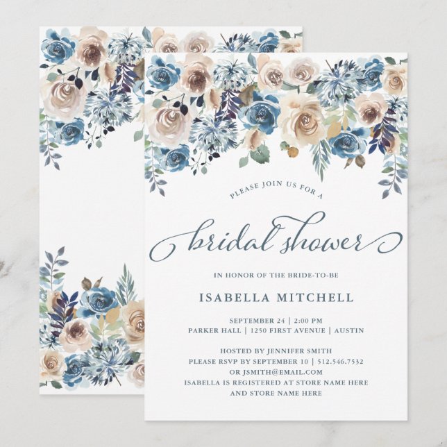 Invitación Floral neutra y azul | Bridal Shower (Anverso / Reverso)