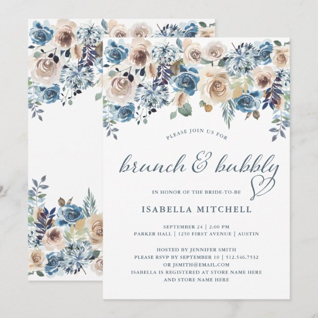 Invitación Floral neutra y azul| Brunch y bullicio (Anverso / Reverso)