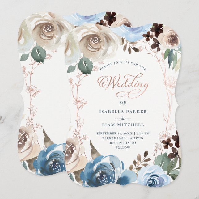 Invitación Floral neutra y azul | Faux Rosa Gold Boda (Anverso / Reverso)