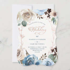 Invitación Floral neutra y azul | Faux Rosa Gold Boda