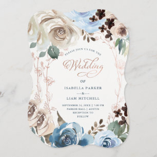 Invitación Floral neutra y azul  Faux Rosa Gold Boda