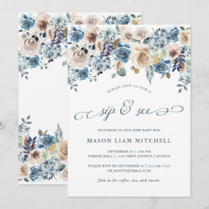 Invitación Floral neutra y azul Sip y See