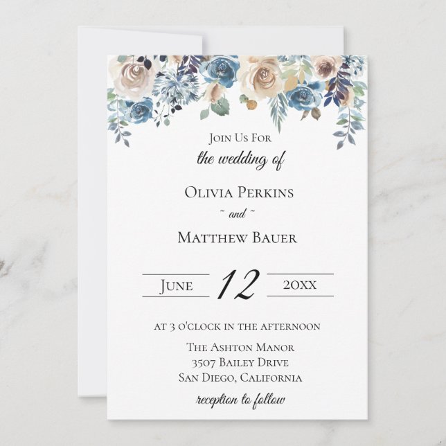 Invitación floral neutral azul de la boda de la (Anverso)