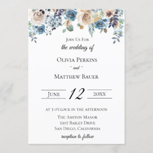 Invitación floral neutral azul de la boda de la