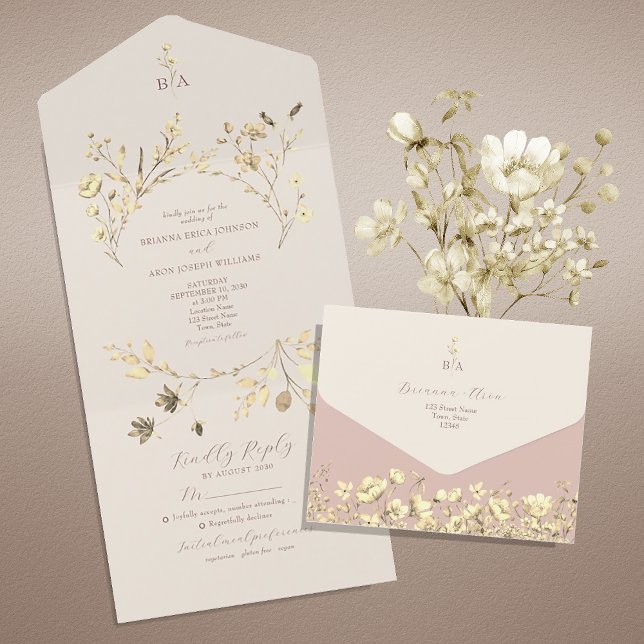 Invitación floral neutral con rubor todo en uno (Subido por el creador)