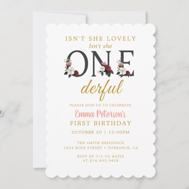 Invitación Floral no es encantadora, maravilloso primer cumpl (Anverso)