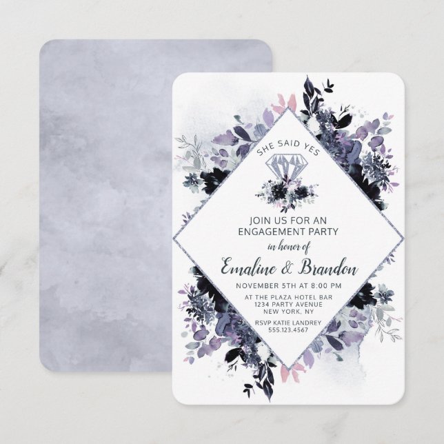 Invitación Floral Nocturna Dijo Que Sí Partido De Compromiso (Anverso / Reverso)