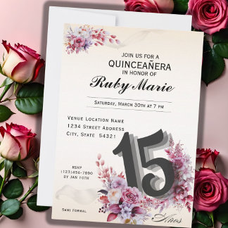 Invitación Floral Number 15 Rose Tones Quinceanera Invitation
