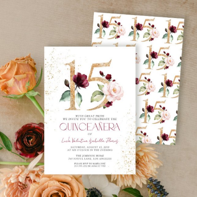 Invitación Floral número 15 Burgundy Gold Quinceañera (Subido por el creador)